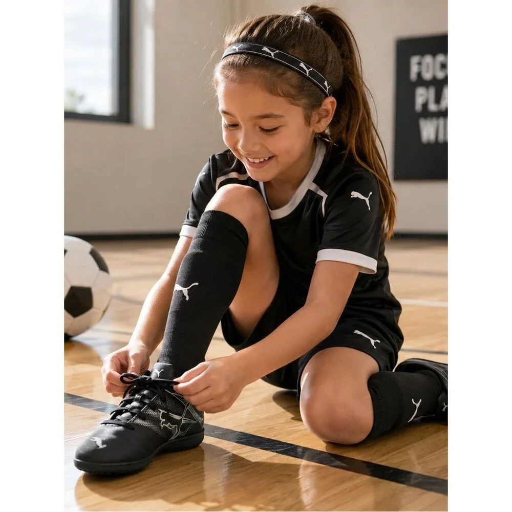Puma Youth Black Athletic Turf Soccer Shoes with Silver Accents